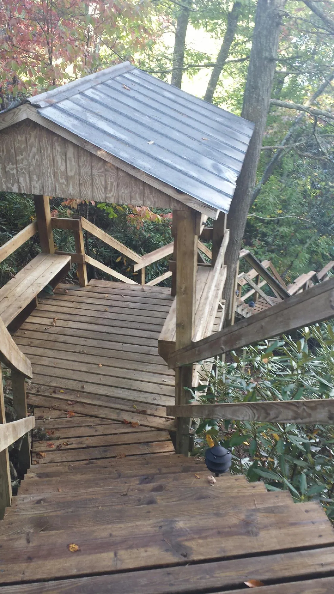 Metal roofed shelter over wooden steps on a wooded walkway — Skylight Repair & Installation work by our crew in Mattawan